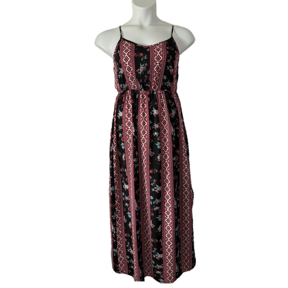 Pink Rose Black Pink Floral Adjustable Straps Smocked Back Maxi Dress SKU0597
